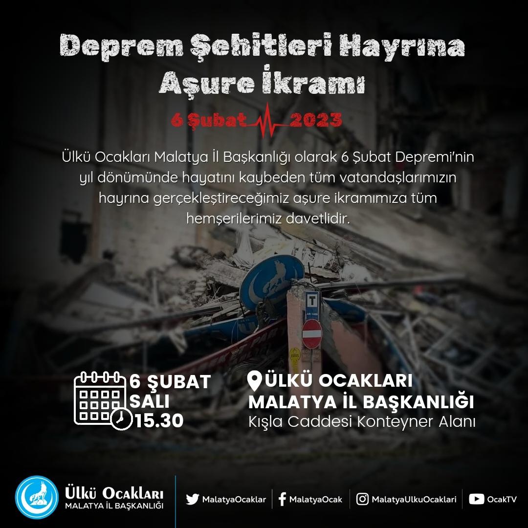 Ülkü Ocakları Deprem Şehitleri Hayrına Kur’an-ı Kerim Tilaveti ve Aşure Programı Düzenleyecek
