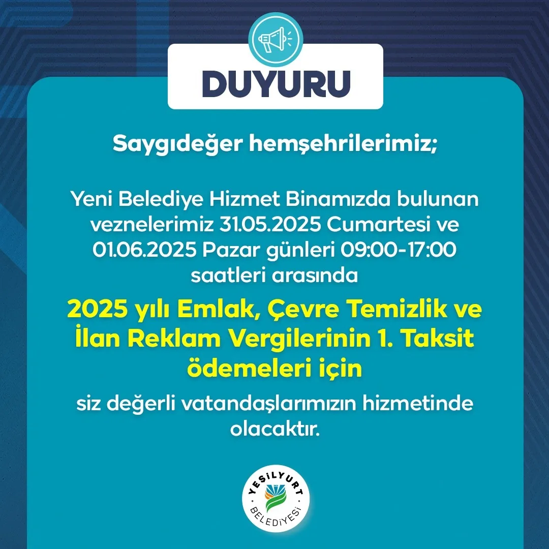 YEŞİLYURT BELEDİYE VEZNELERİ HAFTA SONU AÇIK!